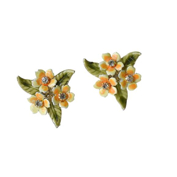 1950s Coro Gold Plate Peach Enamel & Rhinestone Flower Screw Back Earrings - Picture 3 of 4